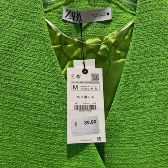 ZARA TEXTURED CROPPED BLAZER SIZE MED NEON GREEN REF 3066/811 DBL breasted NWT - Picture 2 of 5